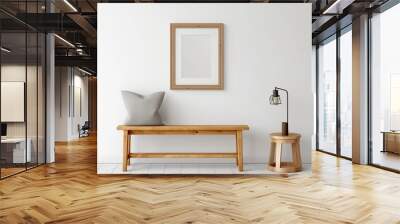 Mockup of a small, vertically oriented wooden picture frame with a mount, hanging on a white wall next to a comfortable wooden bench. simple style, blank white on thin wood frame with Generative AI Wall mural