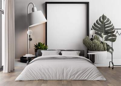 mockup of an empty camera frame with a beautiful plant on a shelf and a wooden lamp. Template for photos and images. Interior of a house; a white and black domestic room with wooden furnishings and Wall mural