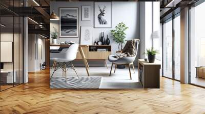 Modern apartment's chic Scandinavian living room interior features a wooden toilet, a design table, chairs, carpet, abstract wall art, and unusual home accents. Template. Generative AI Wall mural