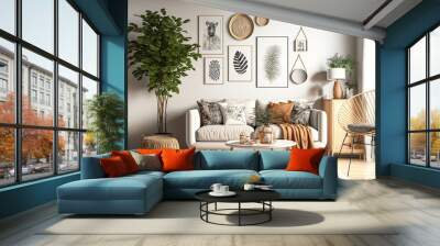 Modern home décor in a stylish setting with a design neutral modular sofa, mock up picture frames, rattan armchair, coffee tables, decorations, and attractive personal accessories. Generative AI Wall mural