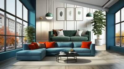 Modern interior design mockup of a living room with three poster frames, a green couch, a wooden pot, and a floor lamp. Generative AI Wall mural