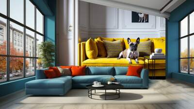 Modern living room with carpet, parquet floor, velvet sofa and pillows, panel in the background with an image of a french bulldog. Paws and pendant lamp. interior decorating. Generative AI Wall mural