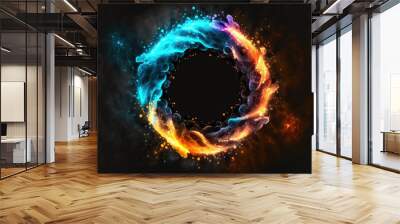 Modern sci fi. contemporary smoke Geometric circle in neon colors against a dark background. circular magical portal. Generative AI Wall mural