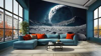 Moon surface. Dark background. Space panorama. mission. Generative Aİ Wall mural