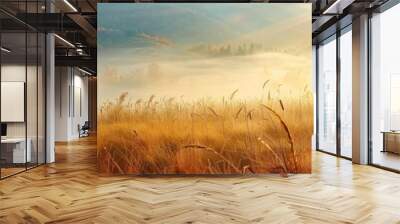 Morning dew sparkling in the sunlight on misty mountains, vibrant autumn grass field adorned with dew beneath the morning rays. Wall mural