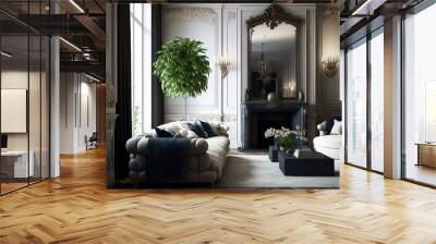 Morning in a lavish, light filled, Baroque style setting. A luxurious living room with parquet wood flooring, a fireplace, a sofa, and a houseplant has a bright and contemporary interior design. plast Wall mural