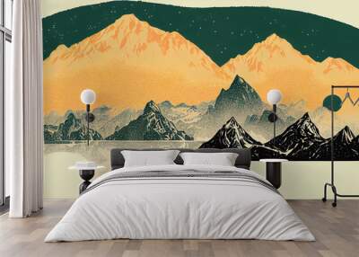 Mountain adventure vintage print design for t shirt, Wild lake artwork design,, 2d illustration, 2d style Wall mural