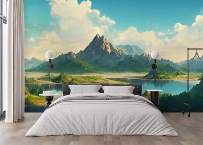 Mountain landscape, lake and mountain range, large panorama, Altai, anime style Wall mural