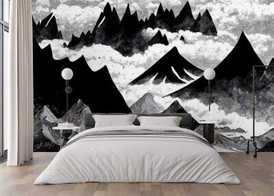 Mountains in black and white with forrest, manga style drawing v2 Wall mural