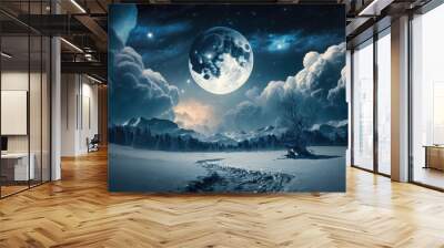 Mystical Background of the night sky with stars, clouds, and the full moon. Moonlight night with a winter background in the copy space. Generative AI Wall mural