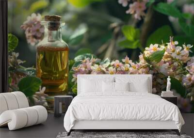 Natural Cosmetics Pairing Essential Oregano Oil with Fresh Flowers Wall mural