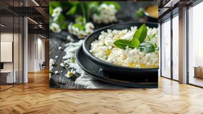 Nourishing morning meal with cottage cheese greens and sweet honey on a dark plate and wooden table Blank area for text Wall mural