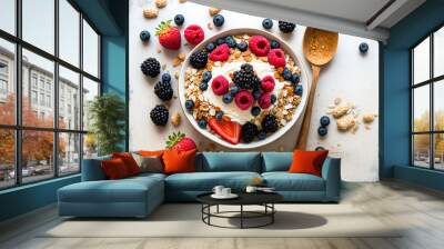 Oat granola dish on white wooden board with yogurt, fresh raspberries, blueberries, strawberries, and blackberries and almonds, top view. Generative AI Wall mural