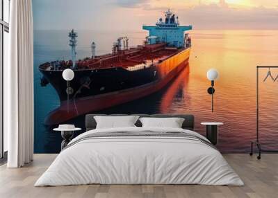 Oil tanker and cargo ship moored in a bay for petroleum chemical trade with signs of oil spill from an industrial vessel. Wall mural