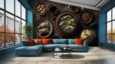 On a dark wooden table is Chinese food. Dim sum, spring rolls, bean sprouts, bok choy, noodles, fried rice, dumplings, stir fried chicken, and noodles. Chinese food collection. dinner gathering. looki Wall mural