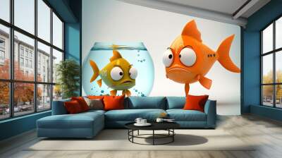 On a white backdrop, angry cartoon fish are seen in a tank. Generative AI Wall mural