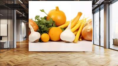 On a white background, an enticing display of golden vegetables is isolated - from the healthy organic yellow ingredient, the spice of onion seasoning, to the sweet flavoring of root and peel. Wall mural