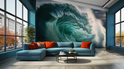 On the north shore of Oahu, Hawaii, a perfect large breaking ocean barrel wave was captured. Generative AI Wall mural