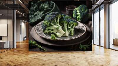 On the wooden table, a plate of fresh broccoli. Generative AI Wall mural