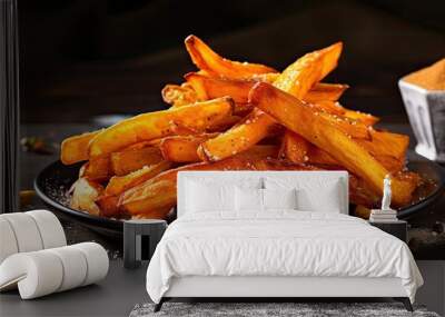 Orange sweet potato fries seasoned with salt and pepper made at home With copyspace for text Wall mural