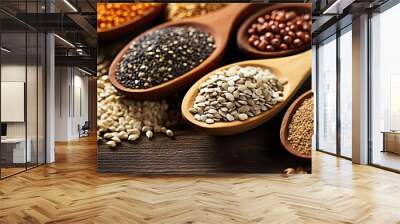 Organic cereal and grain seed comprising of soybean lentils buckwheat and golden flax seed enclosed in a wooden spoon placed on a grungy backdrop Wall mural