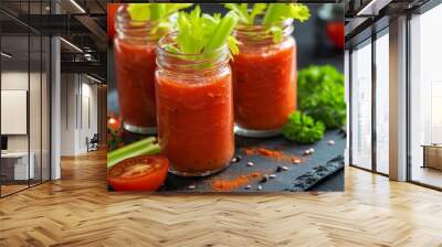 Organic farm fresh two jars of tomato sauce with celery on a rustic slate board Wall mural