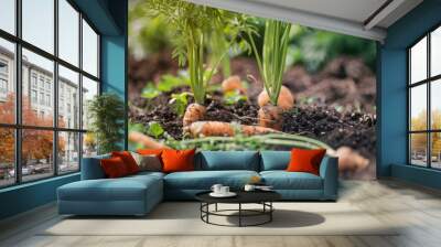 Organic homegrown farm with fresh carrot vegetable pile in soil Wall mural