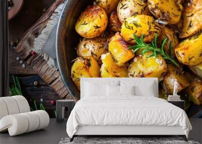 Organic vegetarian meal of grilled pan-roasted potatoes with rosemary, garlic, lemon, and sea salt. Wall mural