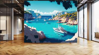 Panorama of Mallorca, a lovely bay with opulent yachts off the Santa Ponsa coast in the Balearic Islands' Mediterranean Sea. Generative AI Wall mural