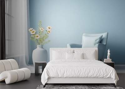 Pastel blue studio with window, flower vase, and armchair for creative interior design. Light blue color background. for web, presentation, or frame. Wall mural