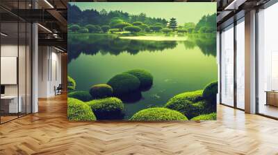 Peaceful beautiful tranquil landscape of oriental, asian Japanese garden with trees. Artistic, magical enigmatic world screensaver, surreal futuristic nature background, peace of mind concept Wall mural