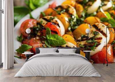 Peachy Caprese salad with grilled mozzarella and tomatoes. Wall mural