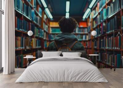 Person walking through a library with backpack Wall mural