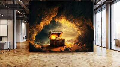 picture of a cave with an open treasure box filled with shiny gold. Generative AI Wall mural