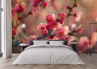 Pink apricot blossoming on the road Wall mural