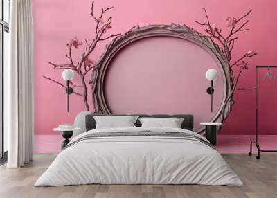 Pink backdrop with an empty vintage oval metal photo frame and dry branches. image of a vintage photo frame. Generative AI Wall mural