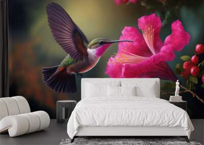 Pink flower and hummingbird. Colombian brown Inca, Coeligena wilsoni, flying close to a lovely pink blossom. Bird in the garden in bloom. wildlife scene in the wild. a creature in a tropical forest Wall mural