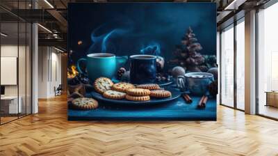 plate of freshly baked cookies with two steaming cups of coffee beside it. Generative AI Wall mural