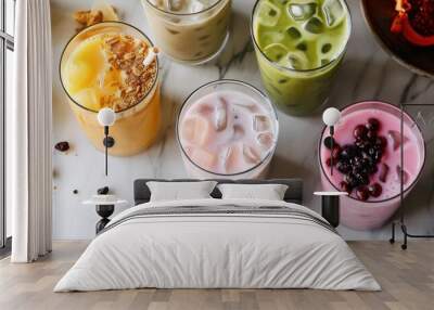 Plate showcasing different milk tea toppings and ingredients from above. Wall mural