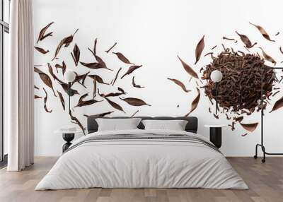 Png Set Closeup of isolated black tea leaves dried on a transparent background Wall mural