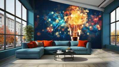 Polygonal network concept symbolizing internet technology with a light bulb and gears with copyspace for text Wall mural