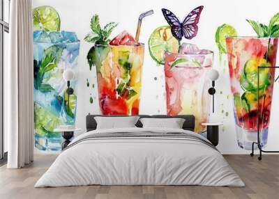 Popular cocktails mojito bloody mary pina colada butterfly and lime in insulated glasses on a white background Watercolor painting Wall mural