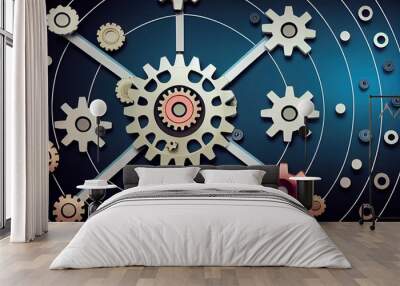 Process management, optimization operation, fix strategy industry, transmission gears wheel, software update status, Cog Gear Wheel with arrows on the technology abstract background Wall mural