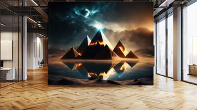 Pyramids and light effects in an abstract night landscape. future nighttime scenery with lights, sand, waves, and a desert. Future world as modern abstraction. Generative AI Wall mural