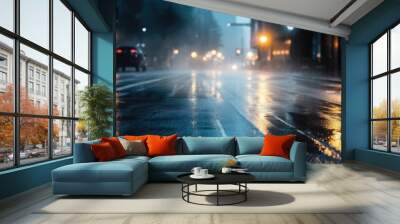 rainy urban night scene with cars on a wet street. Generative AI Wall mural