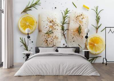 Raw cod fillets with rosemary and lemon on white background viewed from the top Wall mural