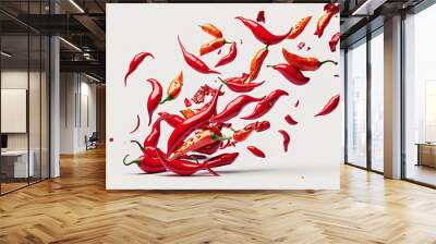 Red chilli peppers that have just been picked, as well as cross pieces of them, are floating in the air. The clipping paths are in the file. Generative AI Wall mural