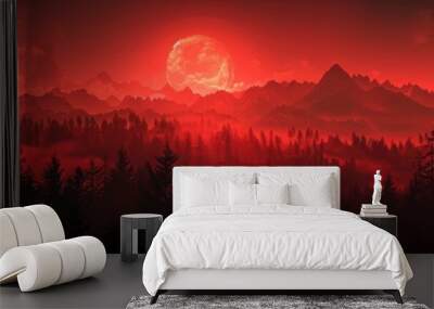 Red dawn with mountain silhouettes in the background Wall mural