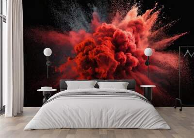 Red powder explosion abstract against a dark background. Isolated red powder splatter. cloud with color. Colorful dust erupts. Color Holi. Generative AI Wall mural