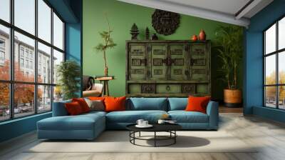 reimagined green walled Asian living room interior cabinet Wall mural